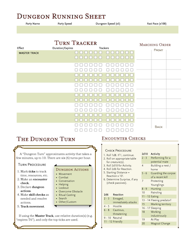 Dungeon Running Sheet